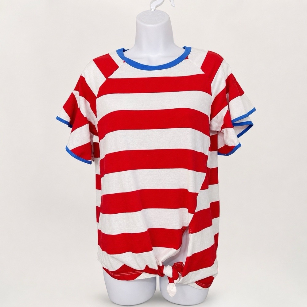 Women Red White Stripe Top Sz S Tie Front Flutter‎ Sleeve Patriotic Nautical